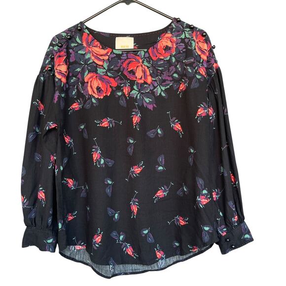 Maeve Blouse Womens Small Black Floral Linen Blend Long Sleeve Boho Top Shirt - Picture 1 of 11